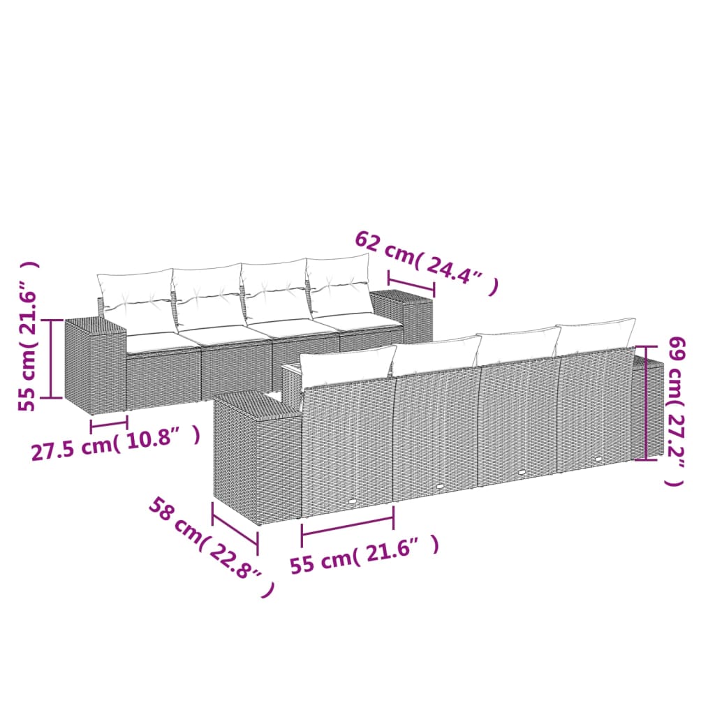 vidaXL 9-delige Loungeset met kussens poly rattan zwart afbeelding