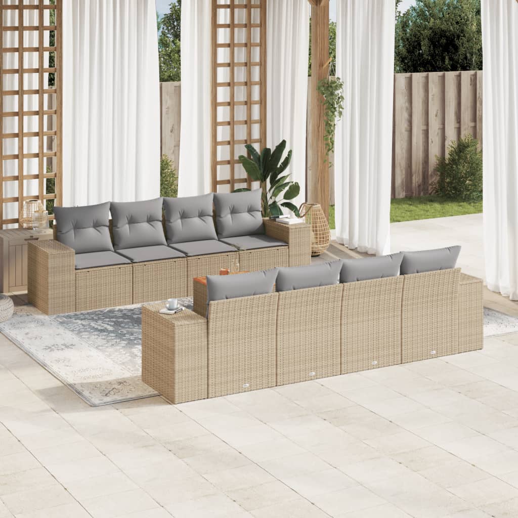 vidaXL 9-tlg. Garten-Sofagarnitur mit Kissen Beige Poly Rattan