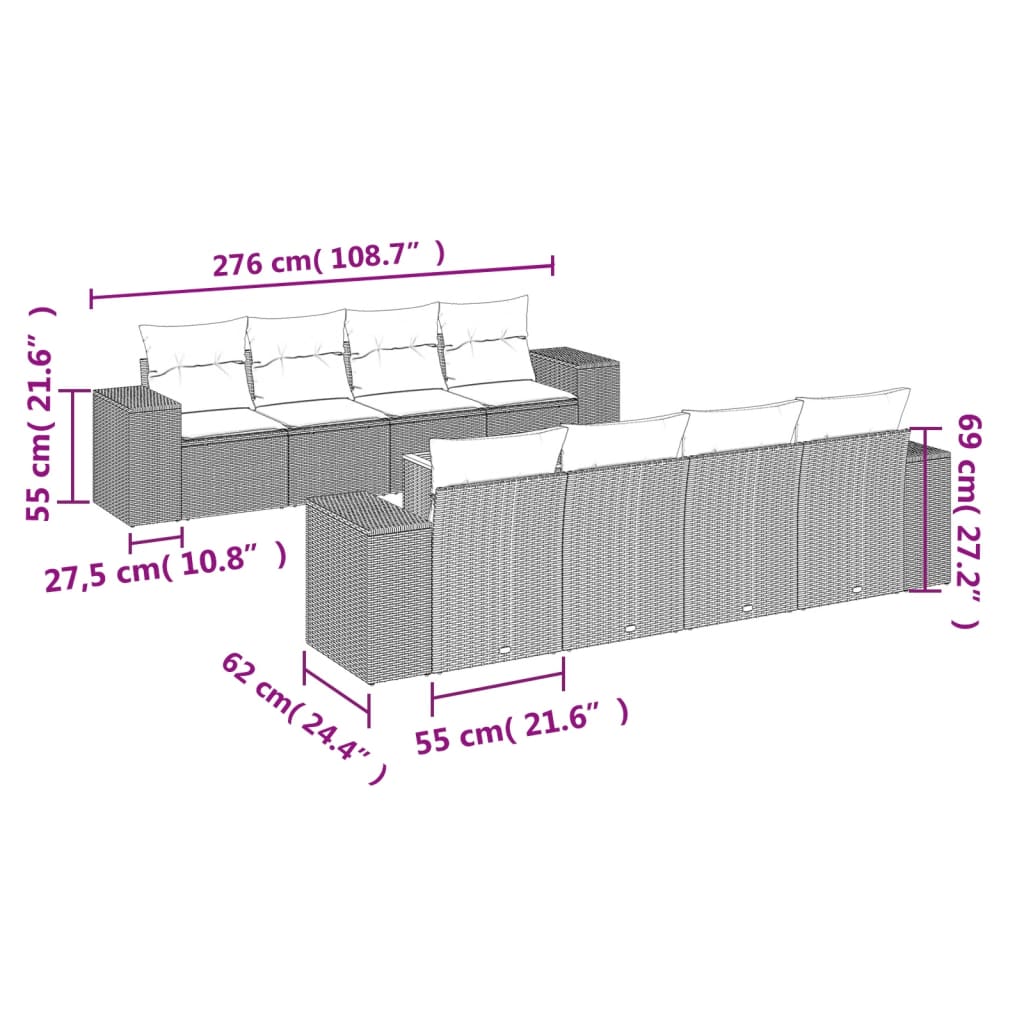 vidaXL 9-delige Loungeset met kussens poly rattan grijs afbeelding