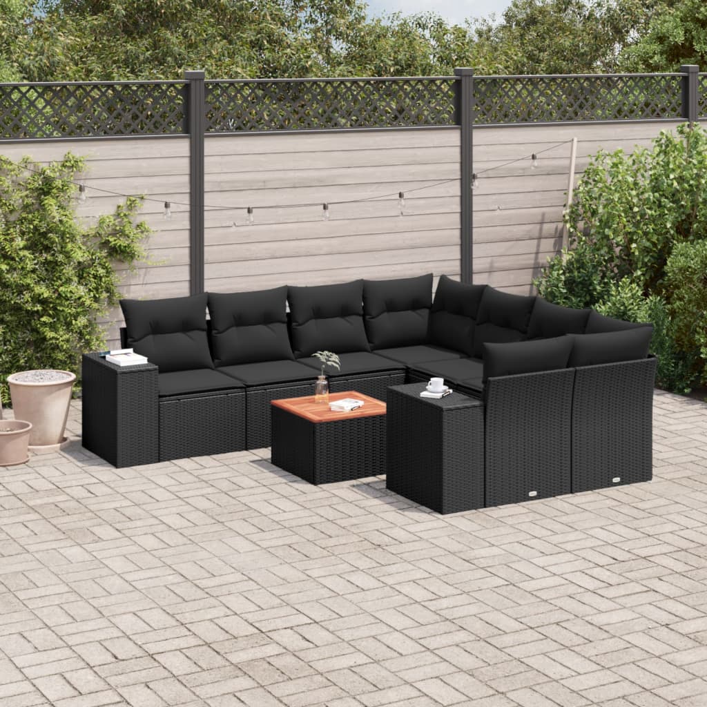 vidaXL 9-tlg. Garten-Sofagarnitur mit Kissen Schwarz Poly Rattan