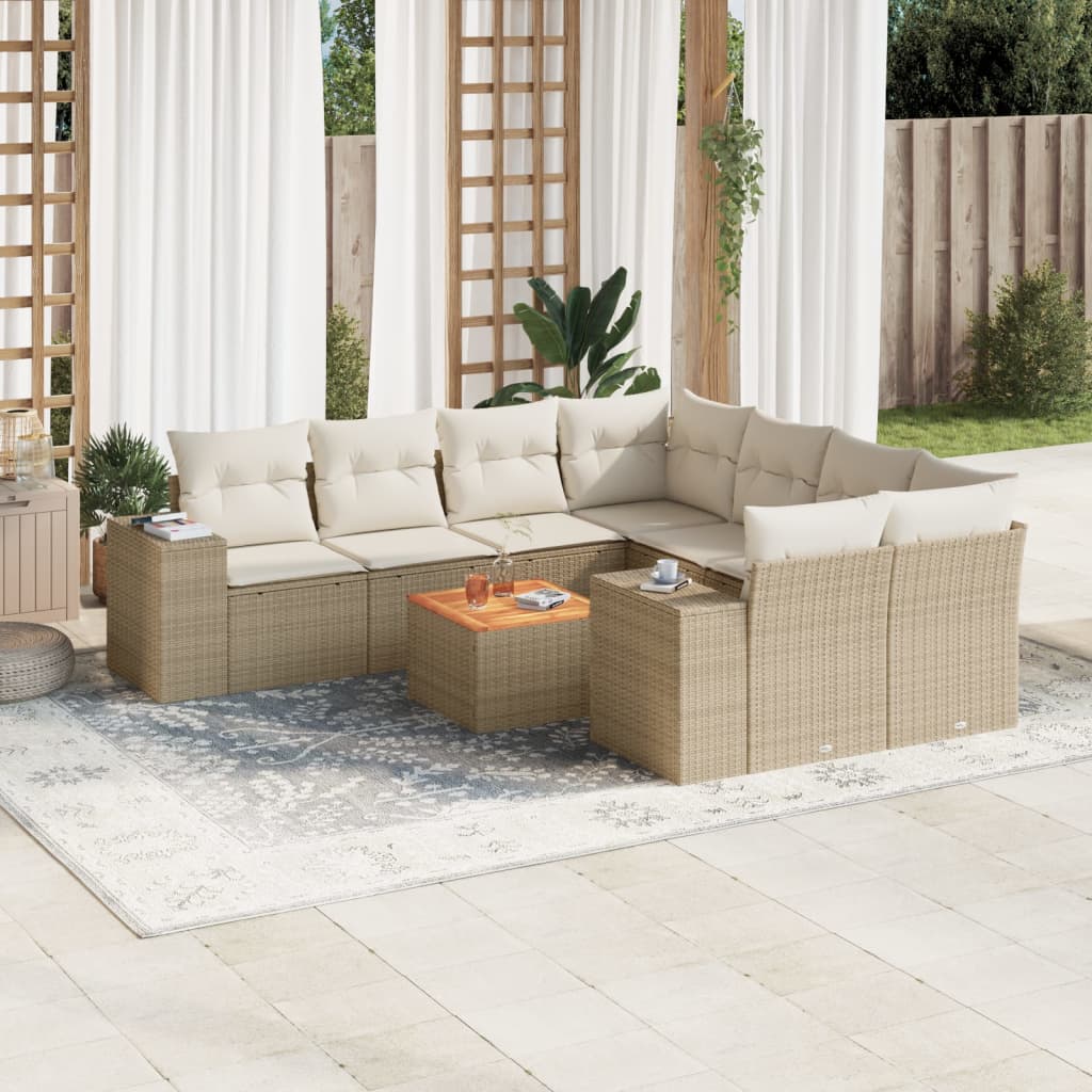 vidaXL 9-tlg. Garten-Sofagarnitur mit Kissen Beige Poly Rattan