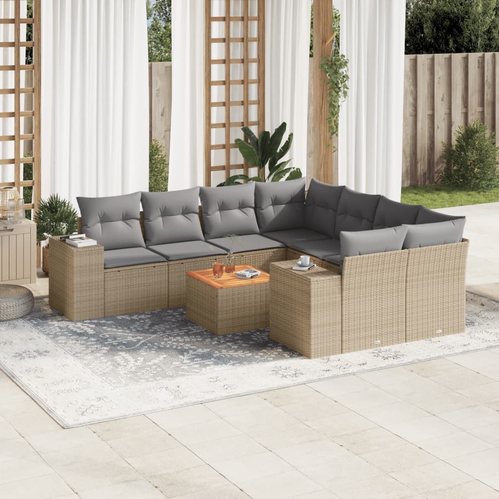 9-tlg. Garten-Sofagarnitur mit Kissen Beige Poly Rattan