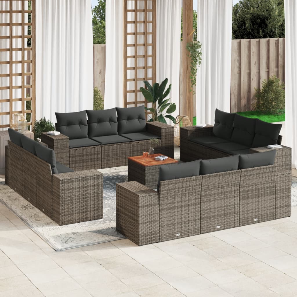 13-tlg. Garten-Sofagarnitur mit Kissen Grau Poly Rattan