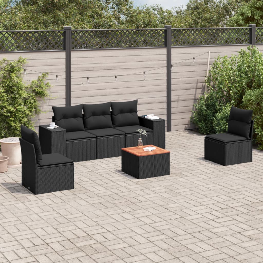 vidaXL 6-tlg. Garten-Sofagarnitur mit Kissen Schwarz Poly Rattan