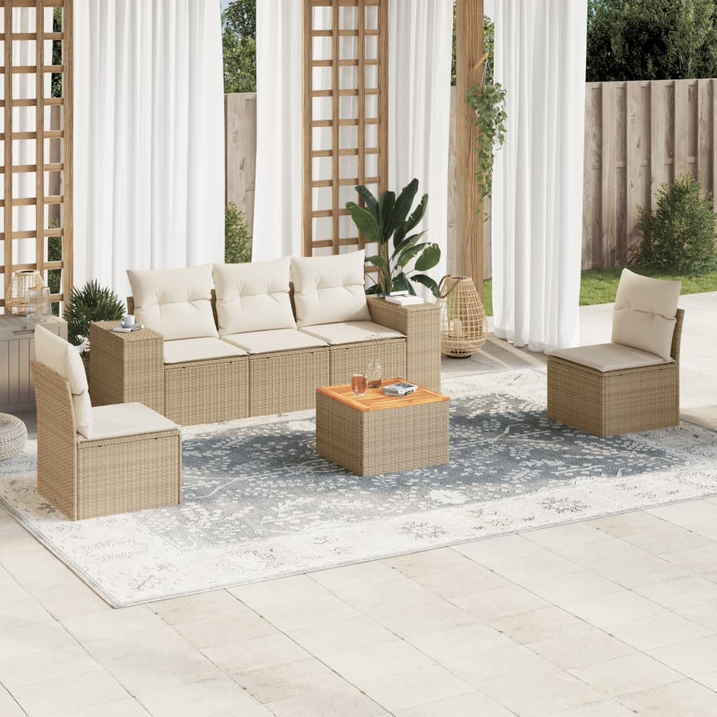 vidaXL 6-tlg. Garten-Sofagarnitur mit Kissen Beige Poly Rattan