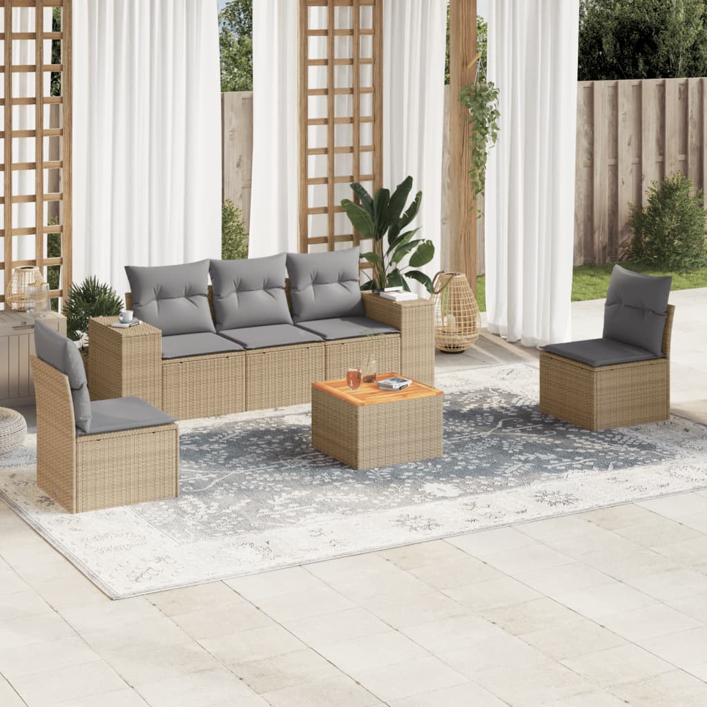 6-tlg. Garten-Sofagarnitur mit Kissen Beige Poly Rattan