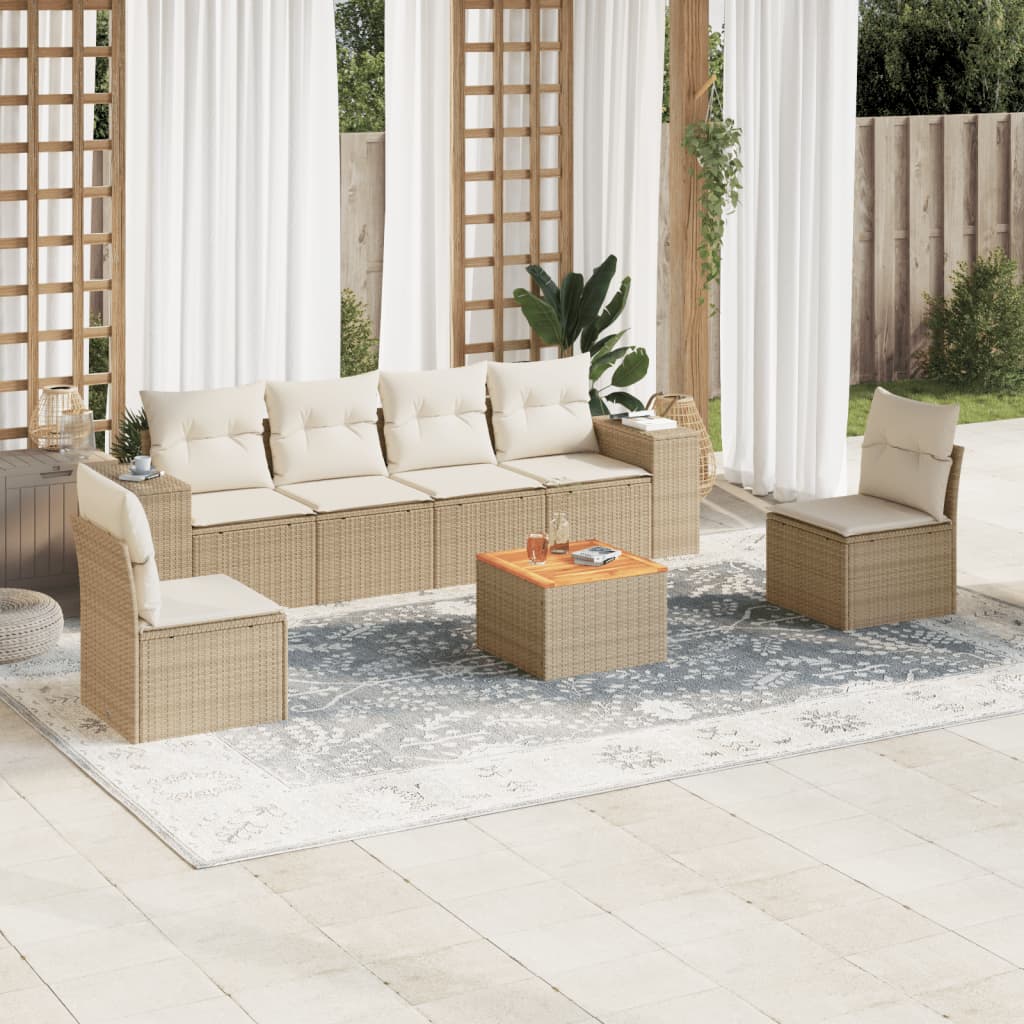 vidaXL 7-tlg. Garten-Sofagarnitur mit Kissen Beige Poly Rattan