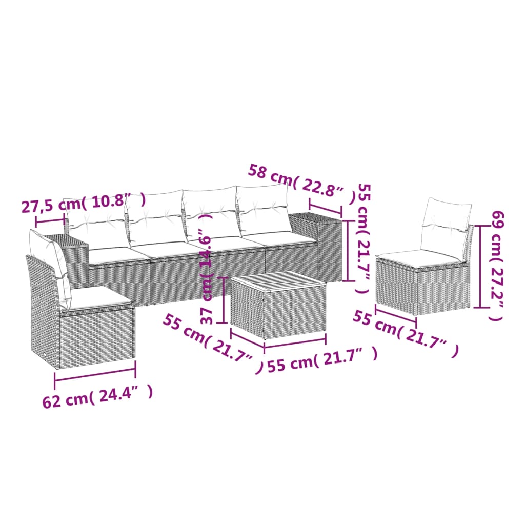 vidaXL 7-delige Loungeset met kussens poly rattan beige afbeelding