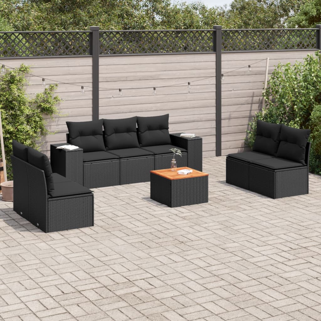 vidaXL 8-tlg. Garten-Sofagarnitur mit Kissen Schwarz Poly Rattan