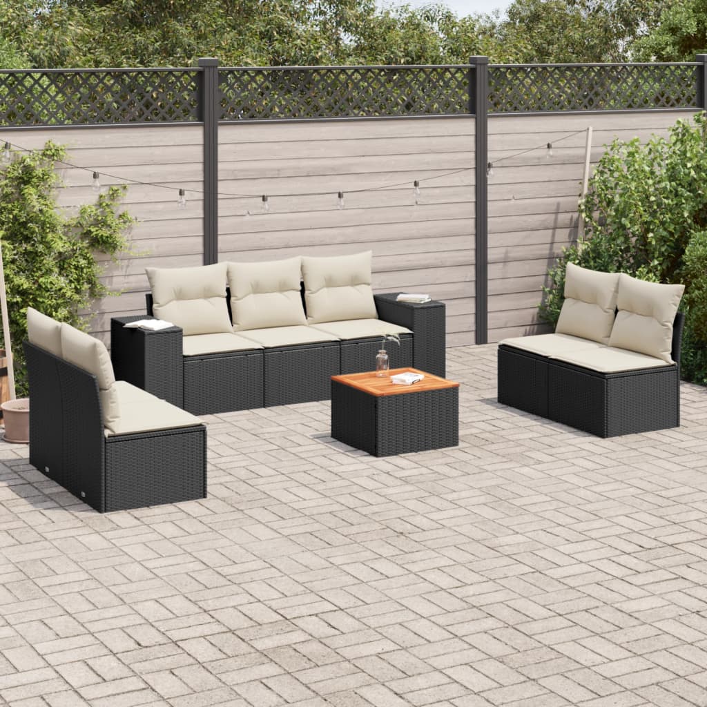 vidaXL 8-tlg. Garten-Sofagarnitur mit Kissen Schwarz Poly Rattan