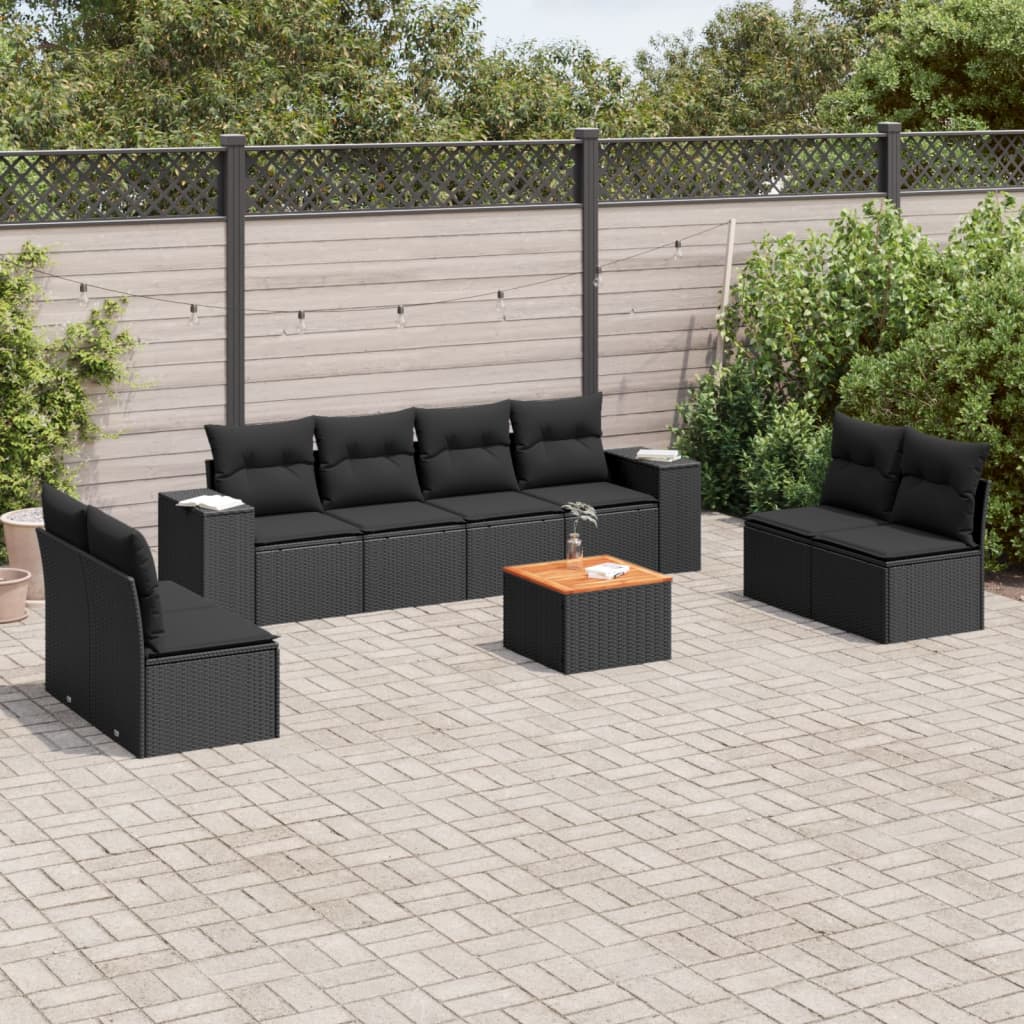 9-tlg. Garten-Sofagarnitur mit Kissen Schwarz Poly Rattan