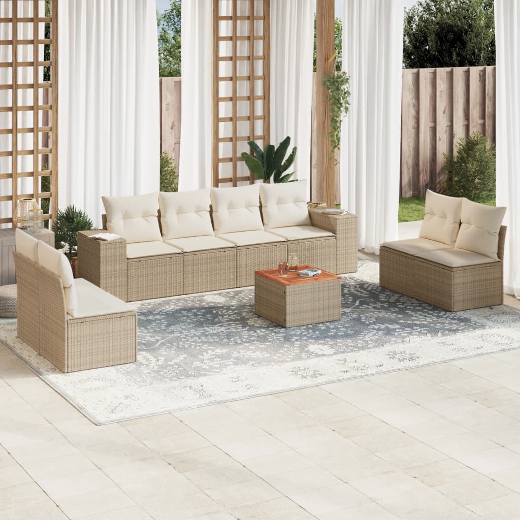 vidaXL 9-tlg. Garten-Sofagarnitur mit Kissen Beige Poly Rattan