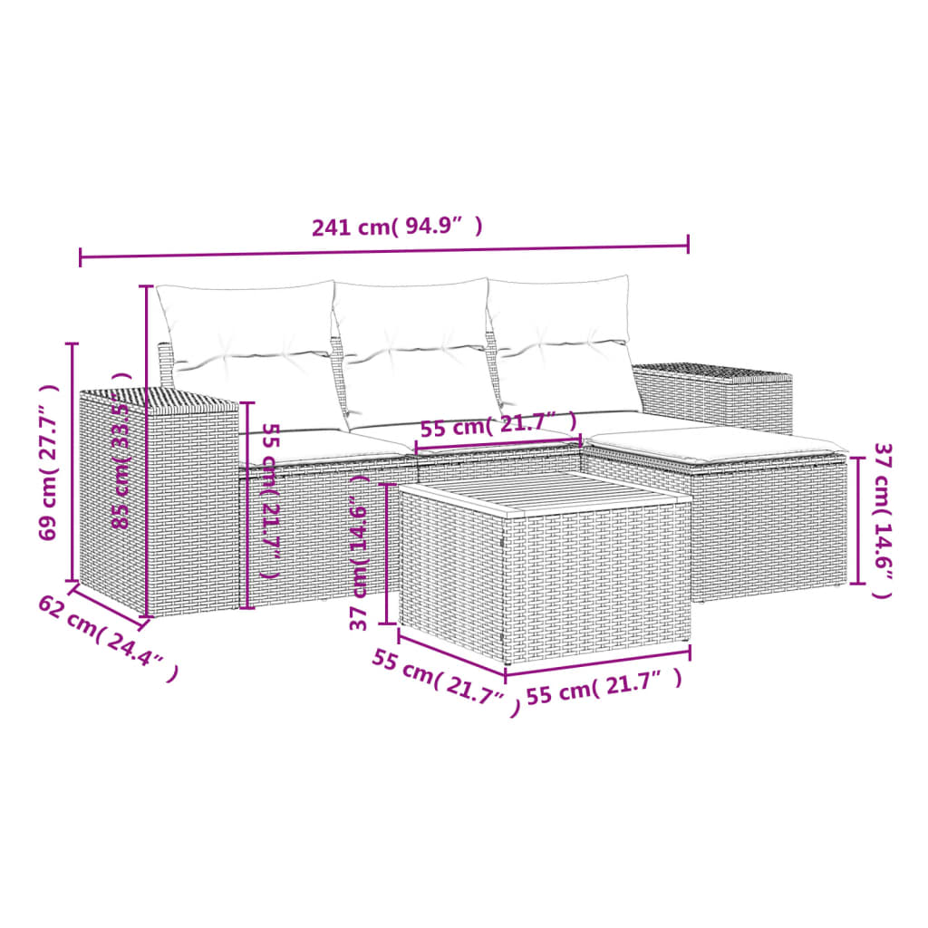 vidaXL 5-delige Loungeset met kussens poly rattan zwart afbeelding