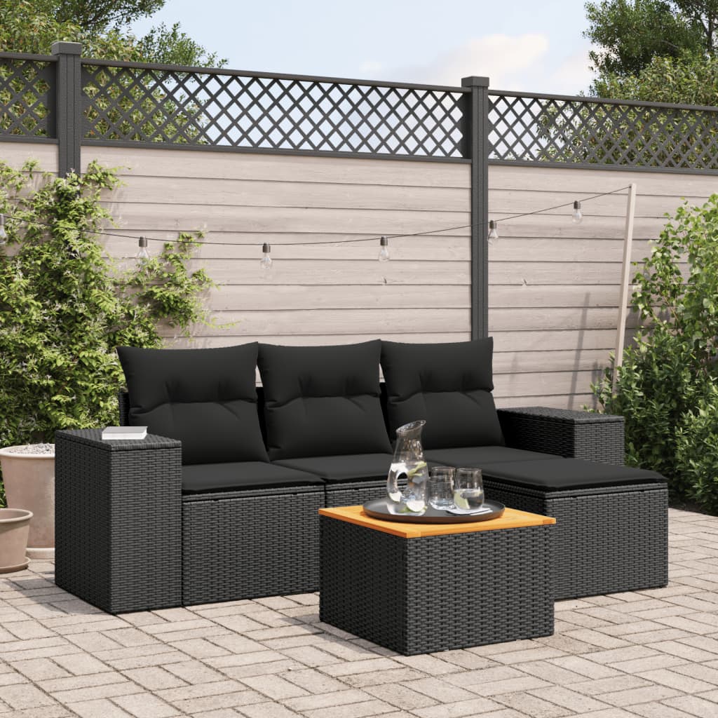 vidaXL 5-tlg. Garten-Sofagarnitur mit Kissen Schwarz Poly Rattan