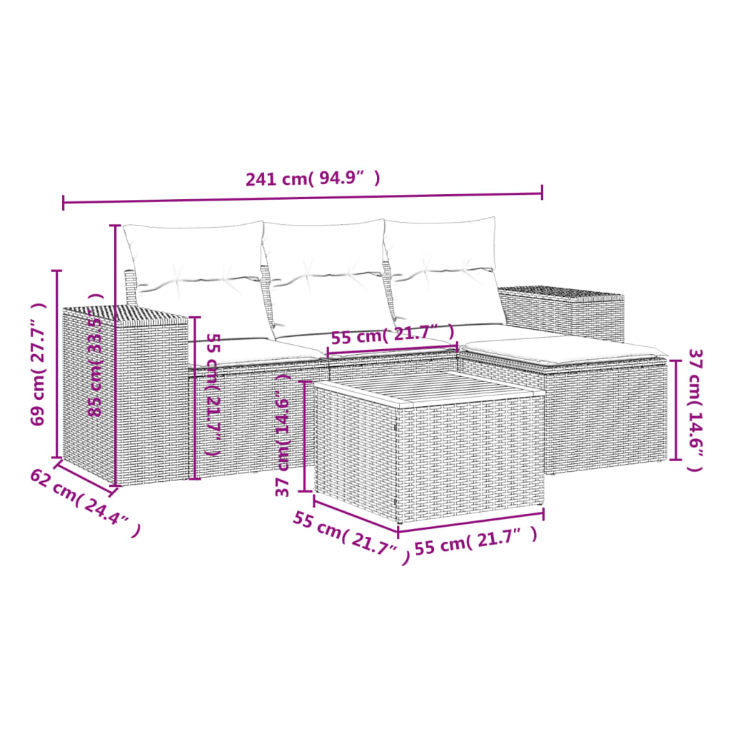 vidaXL 5-delige Loungeset met kussens poly rattan zwart afbeelding