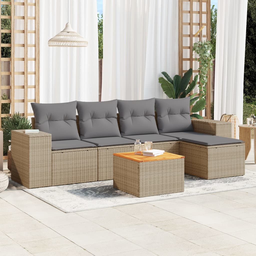 vidaXL 6-tlg. Garten-Sofagarnitur mit Kissen Beige Poly Rattan