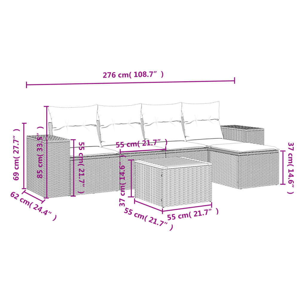 Set mobilier grădină cu perne, 6 piese, gri, poliratan 3225423 - imagine 3