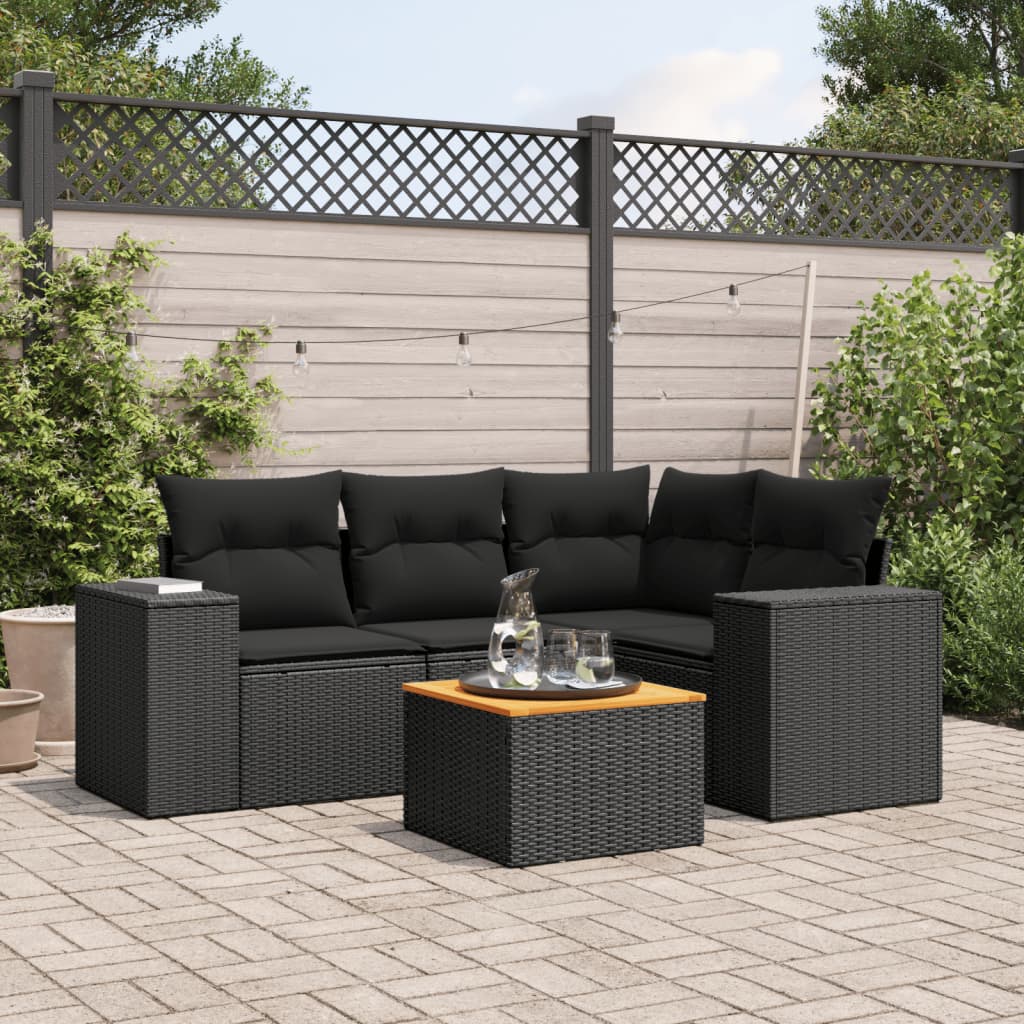 vidaXL 5-tlg. Garten-Sofagarnitur mit Kissen Schwarz Poly Rattan