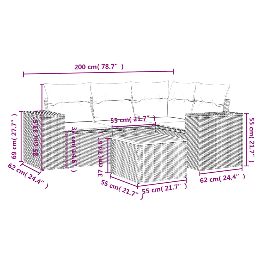 vidaXL 5-delige Loungeset met kussens poly rattan zwart afbeelding