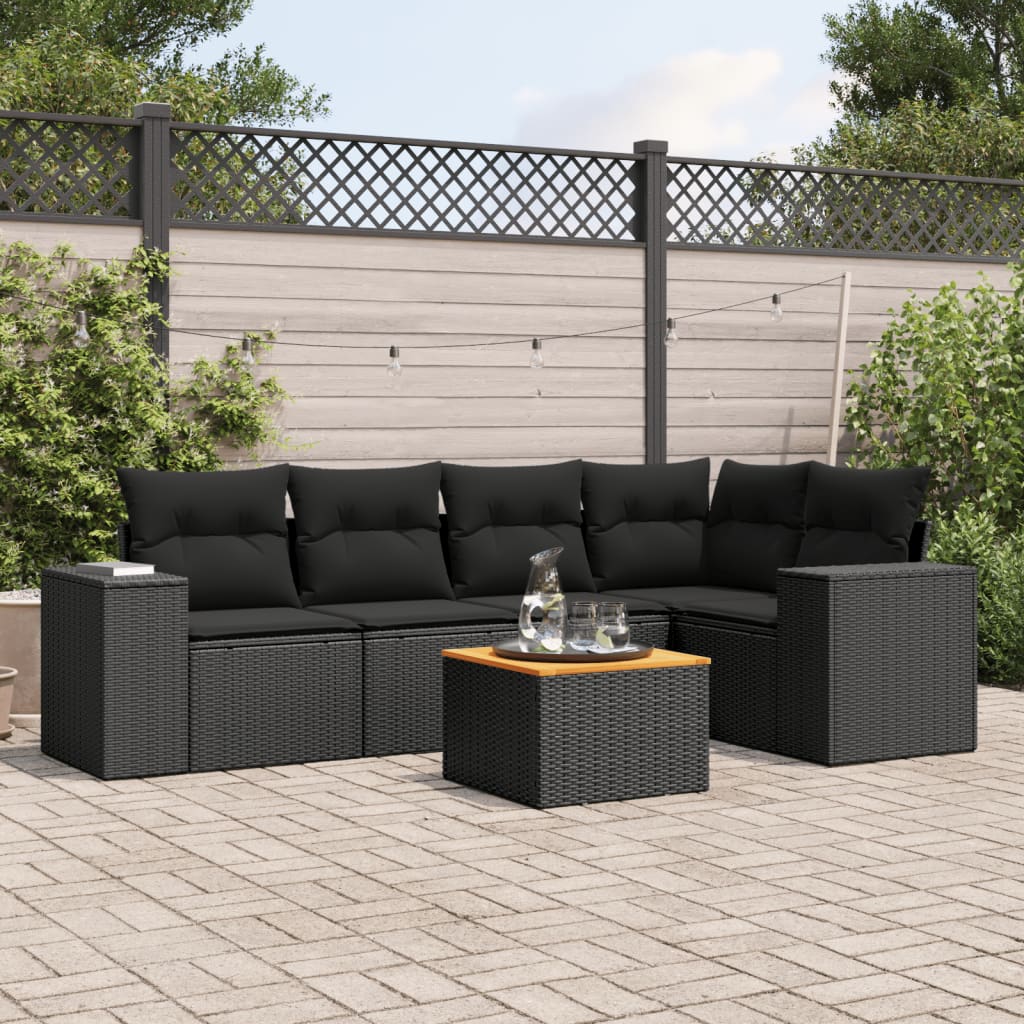 vidaXL 6-tlg. Garten-Sofagarnitur mit Kissen Schwarz Poly Rattan