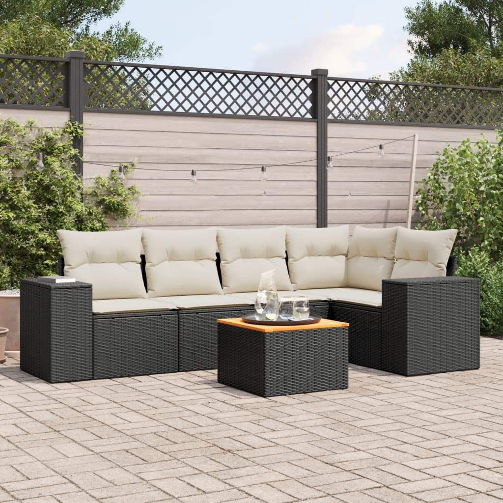 6-tlg. Garten-Sofagarnitur mit Kissen Schwarz Poly Rattan