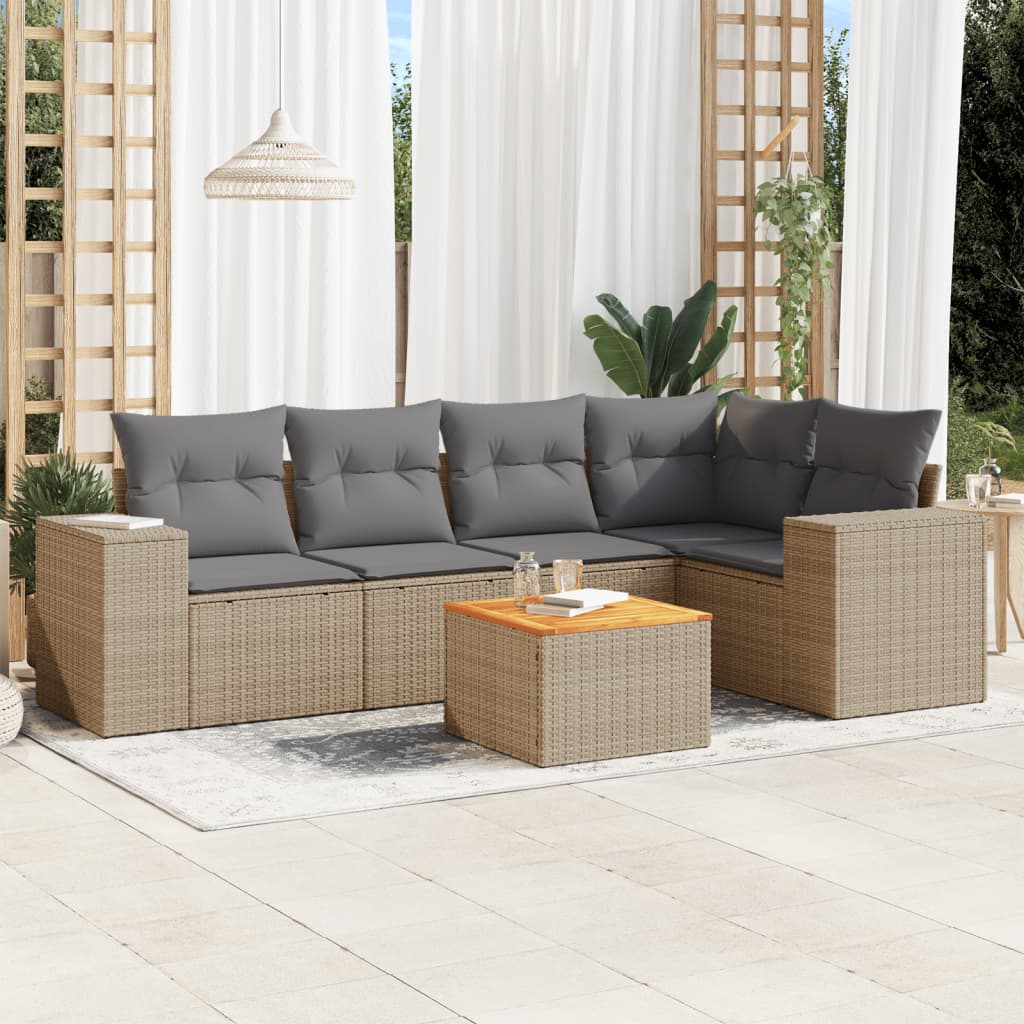 vidaXL 6-tlg. Garten-Sofagarnitur mit Kissen Beige Poly Rattan