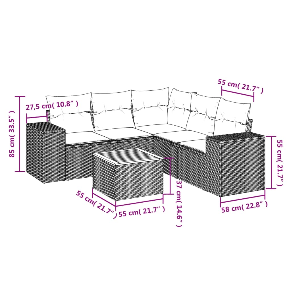 vidaXL 6-delige Loungeset met kussens poly rattan beige