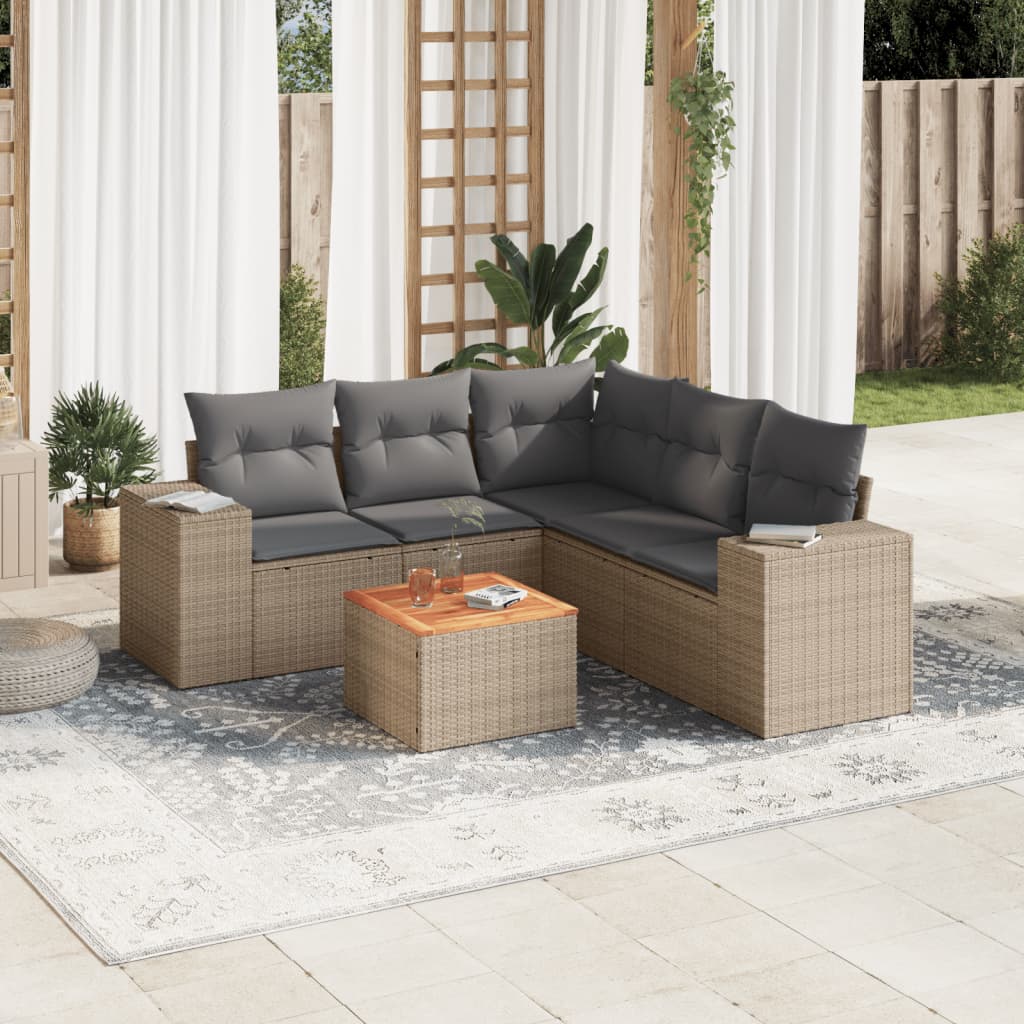 vidaXL 6-tlg. Garten-Sofagarnitur mit Kissen Beige Poly Rattan