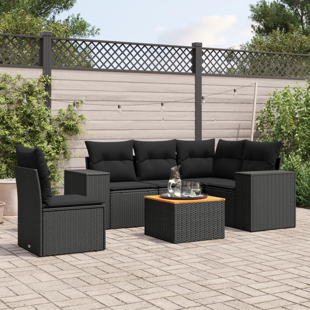 vidaXL 6-tlg. Garten-Sofagarnitur mit Kissen Schwarz Poly Rattan