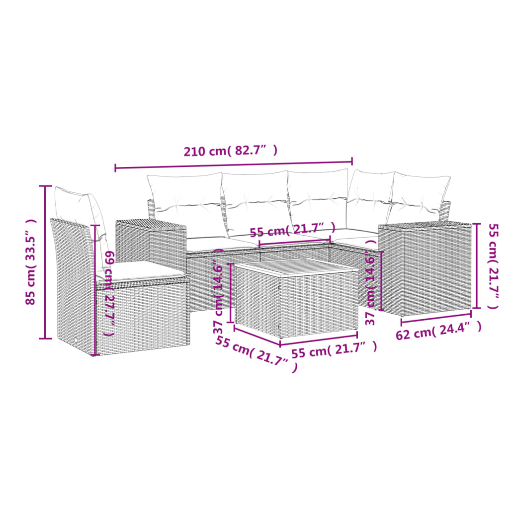 Set mobilier de grădină cu perne, 6 piese, negru, poliratan 3225447 - imagine 3