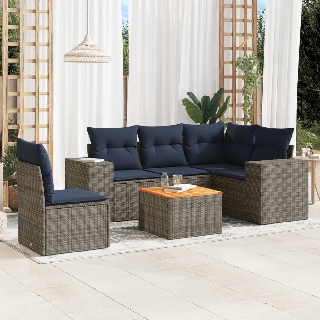 Set de sofás de jardín 6 pzas con cojines ratán sintético gris