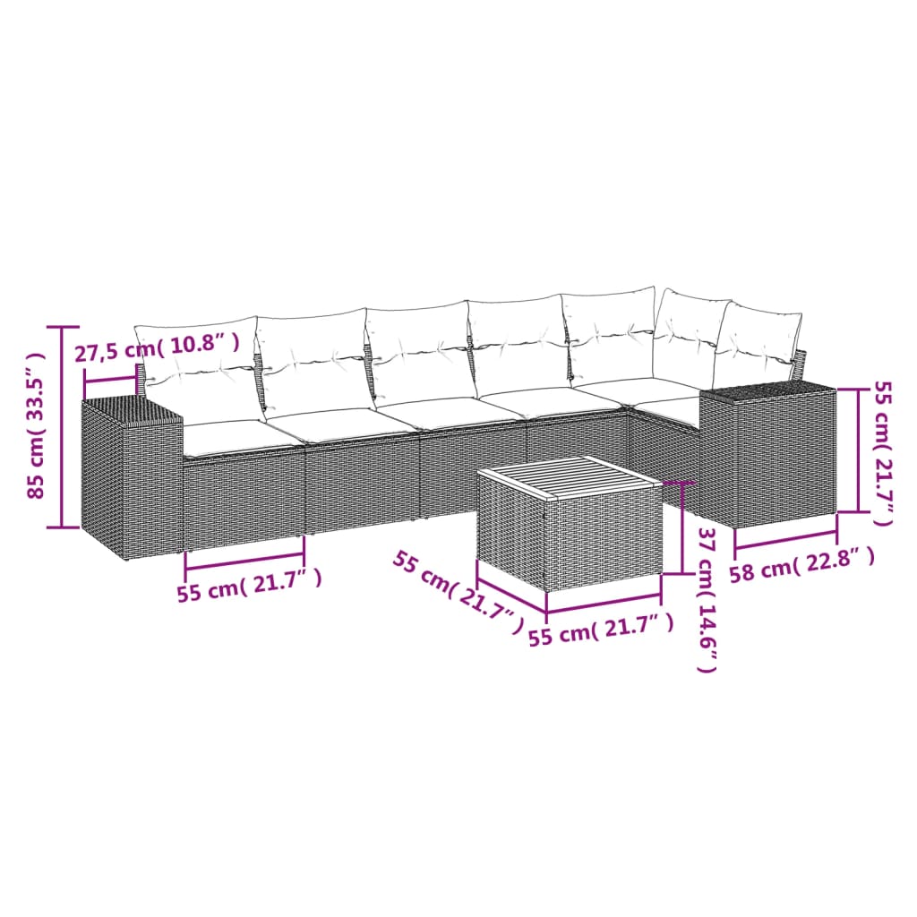 vidaXL 7-delige Loungeset met kussens poly rattan zwart afbeelding