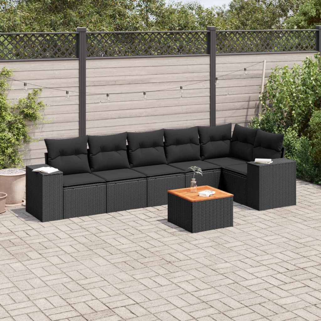 vidaXL 7-tlg. Garten-Sofagarnitur mit Kissen Schwarz Poly Rattan