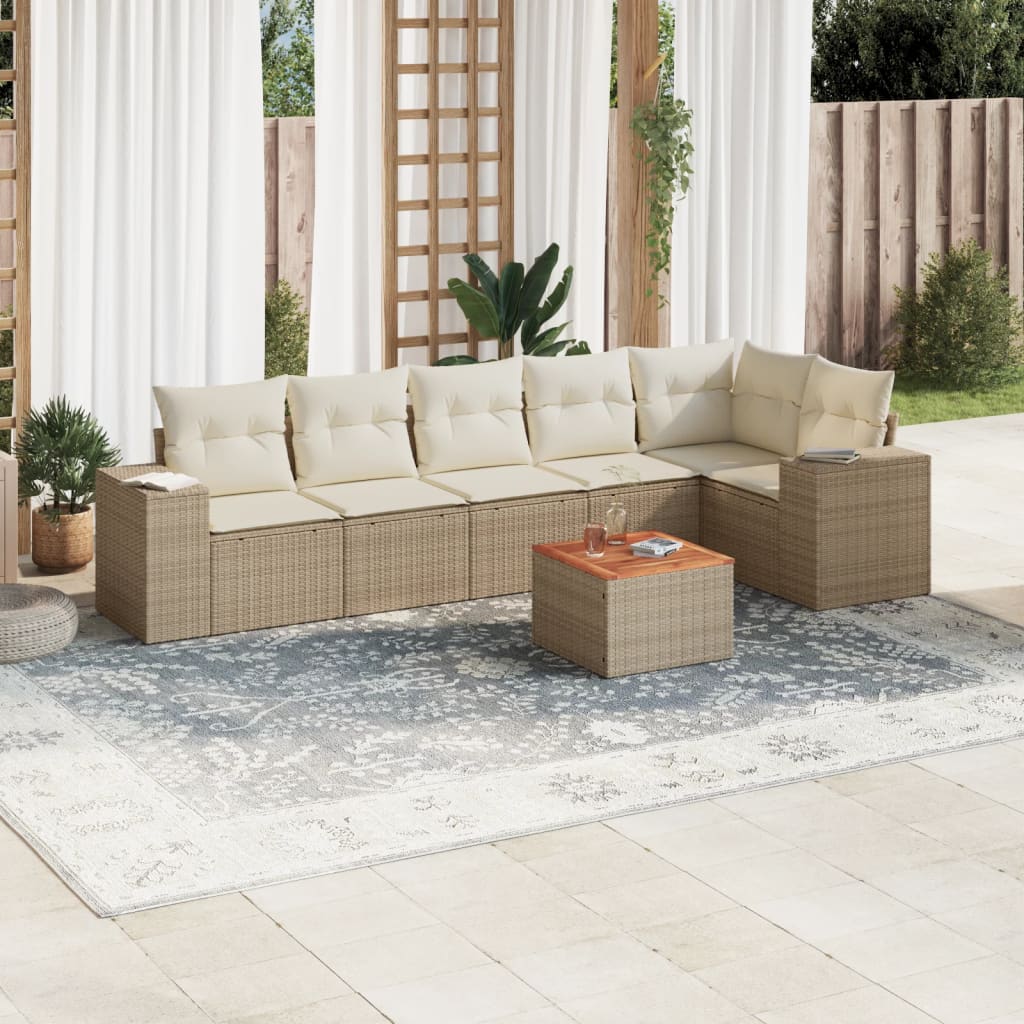 vidaXL 7-tlg. Garten-Sofagarnitur mit Kissen Beige Poly Rattan