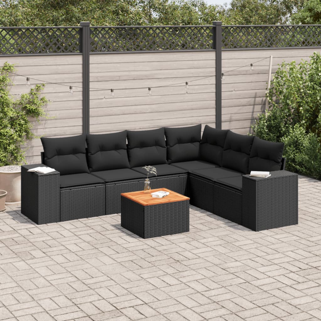 vidaXL 7-tlg. Garten-Sofagarnitur mit Kissen Schwarz Poly Rattan