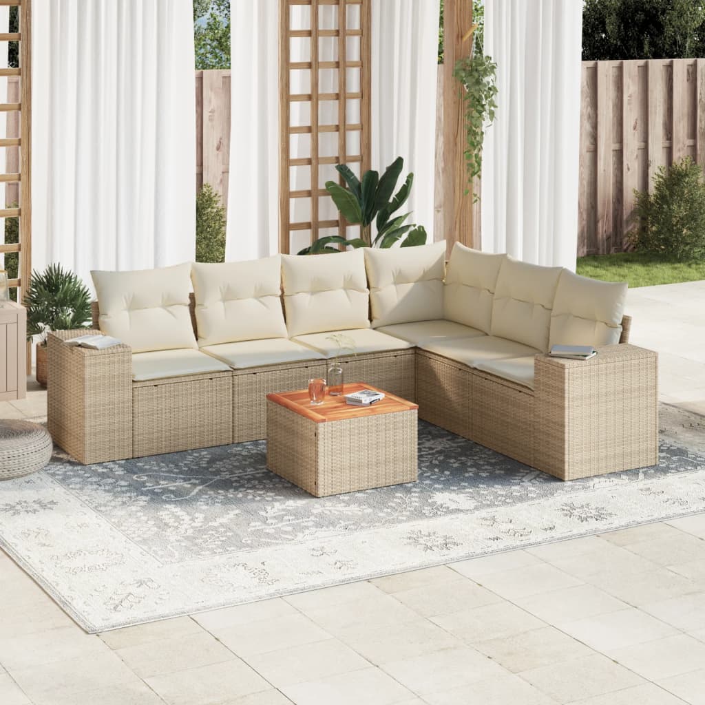 vidaXL 7-tlg. Garten-Sofagarnitur mit Kissen Beige Poly Rattan