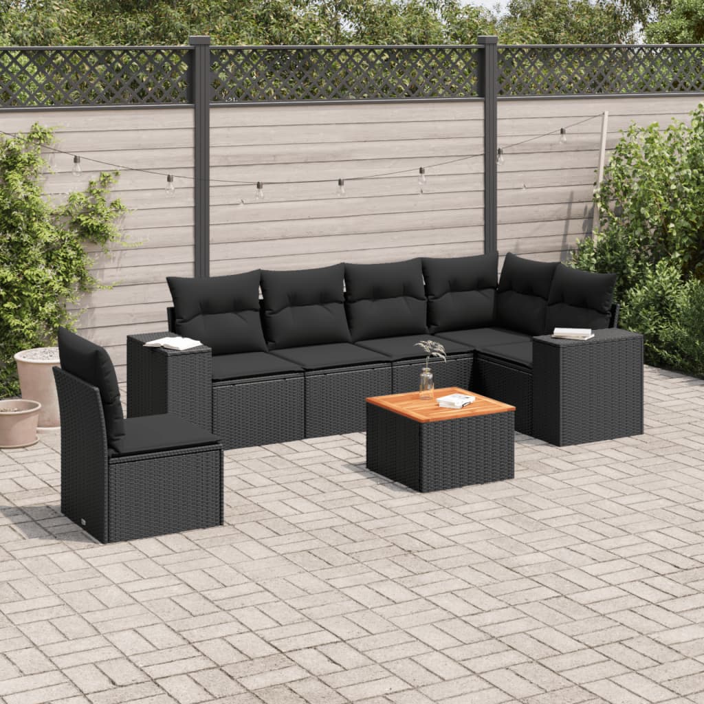 vidaXL 7-tlg. Garten-Sofagarnitur mit Kissen Schwarz Poly Rattan