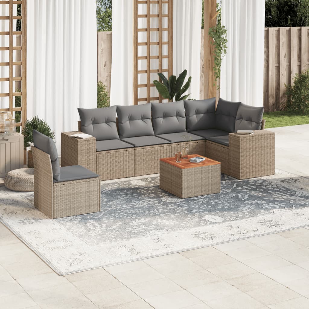 vidaXL 7-tlg. Garten-Sofagarnitur mit Kissen Beige Poly Rattan