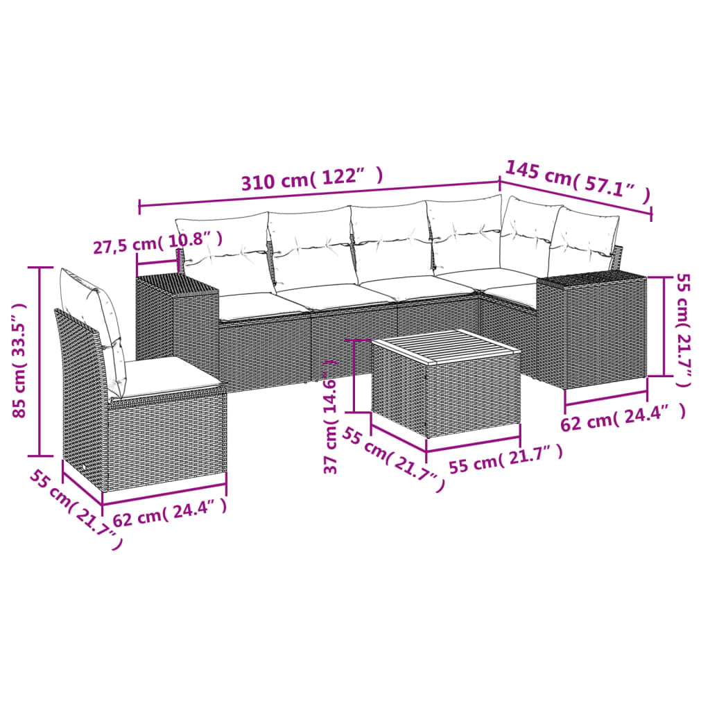 vidaXL 7-delige Loungeset met kussens poly rattan grijs afbeelding