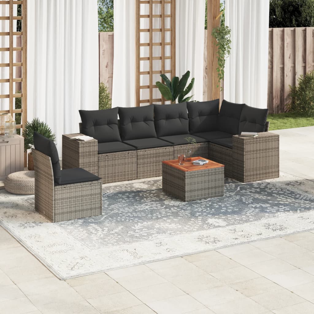 vidaXL 7-tlg. Garten-Sofagarnitur mit Kissen Grau Poly Rattan