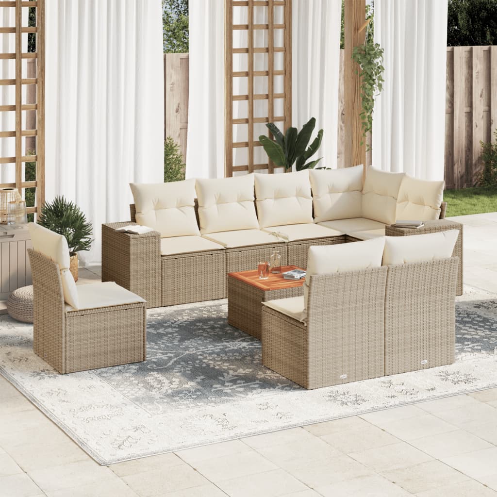 9-tlg. Garten-Sofagarnitur mit Kissen Beige Poly Rattan