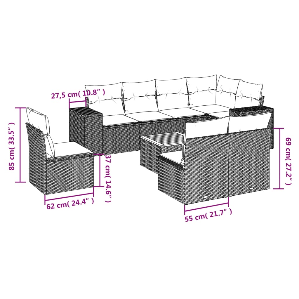 vidaXL 9-delige Loungeset met kussens poly rattan grijs afbeelding