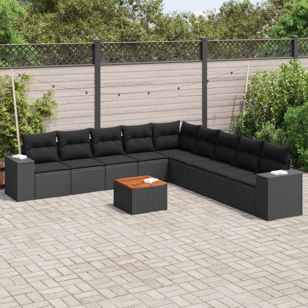 vidaXL 10-tlg. Garten-Sofagarnitur mit Kissen Schwarz Poly Rattan