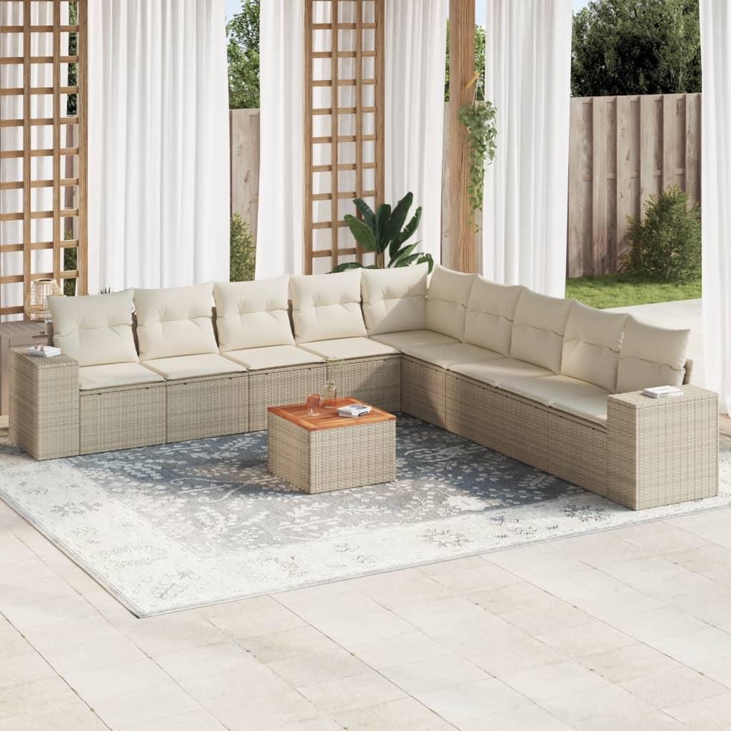 vidaXL 10-tlg. Garten-Sofagarnitur mit Kissen Beige Poly Rattan