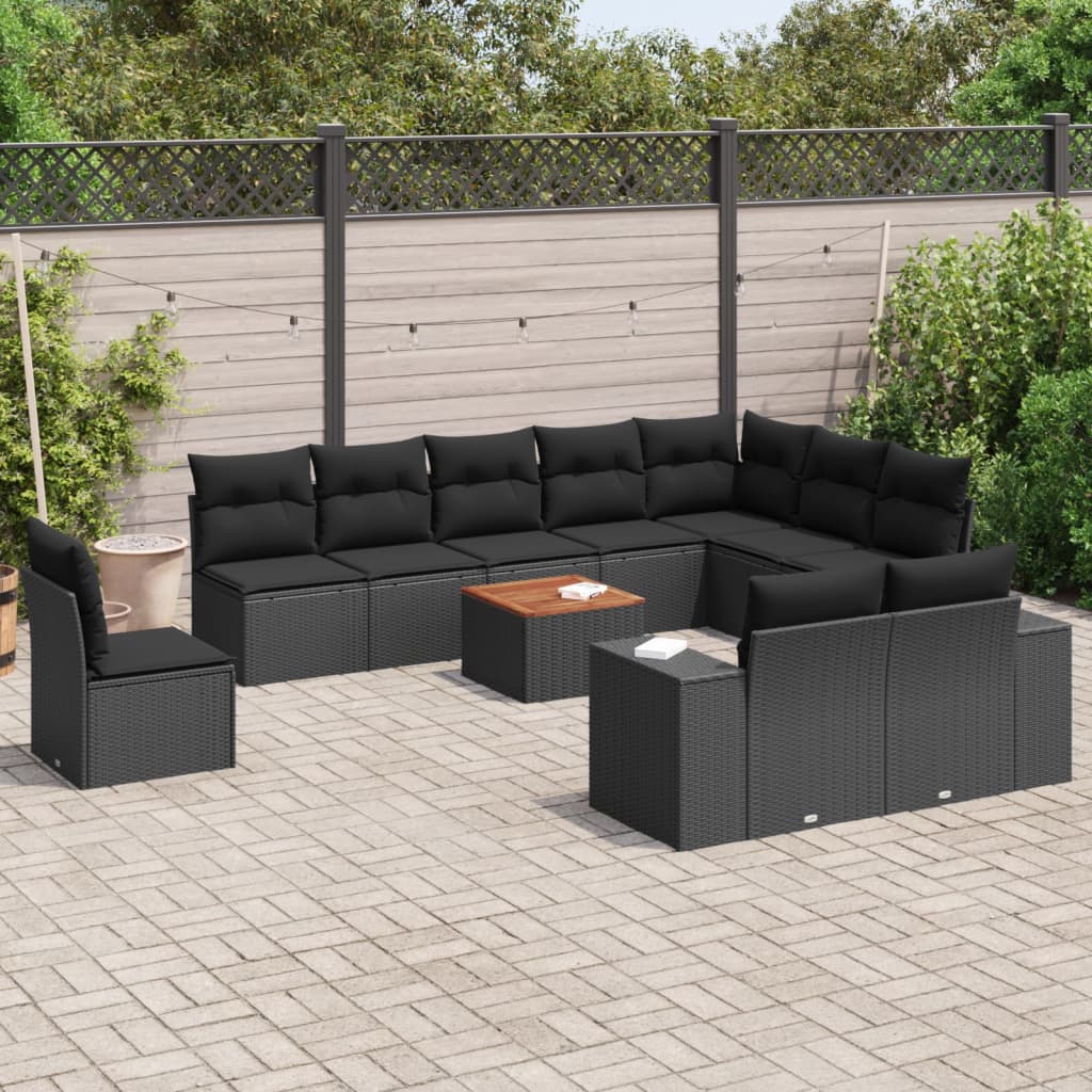 vidaXL 11-tlg. Garten-Sofagarnitur mit Kissen Schwarz Poly Rattan