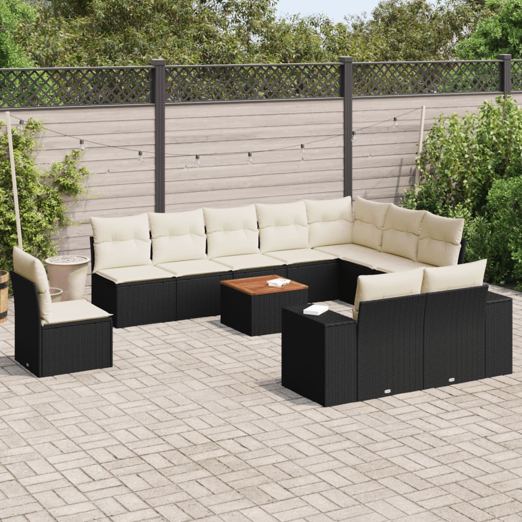 vidaXL 11-tlg. Garten-Sofagarnitur mit Kissen Schwarz Poly Rattan