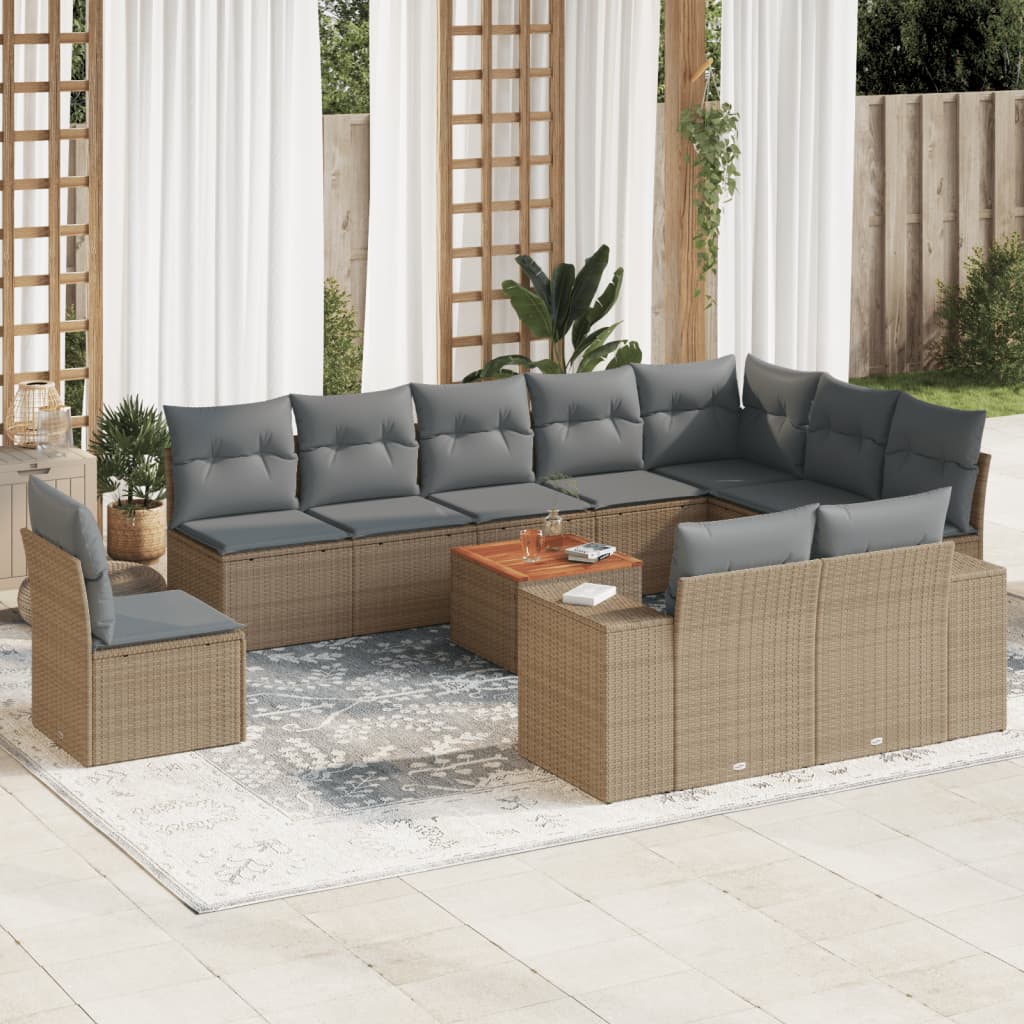 vidaXL 11-tlg. Garten-Sofagarnitur mit Kissen Beige Poly Rattan