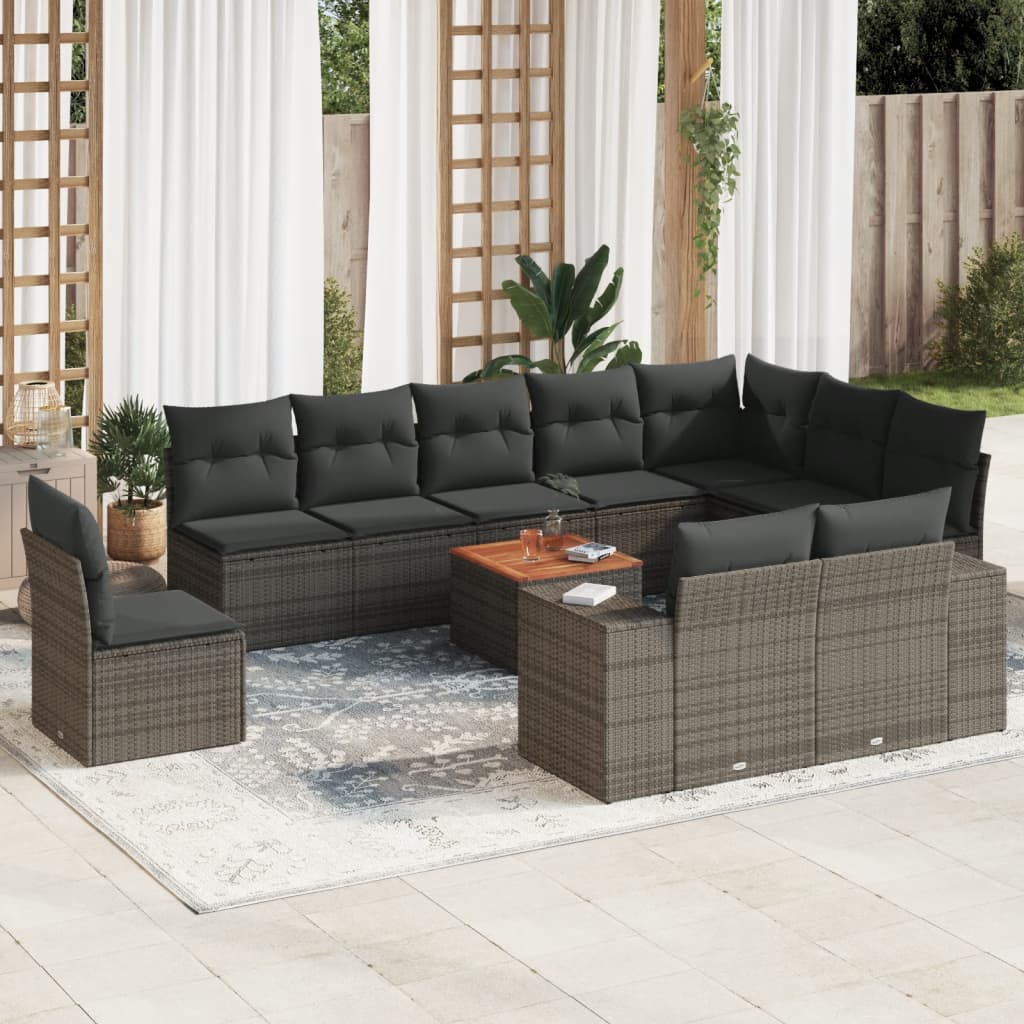 vidaXL 11-tlg. Garten-Sofagarnitur mit Kissen Grau Poly Rattan