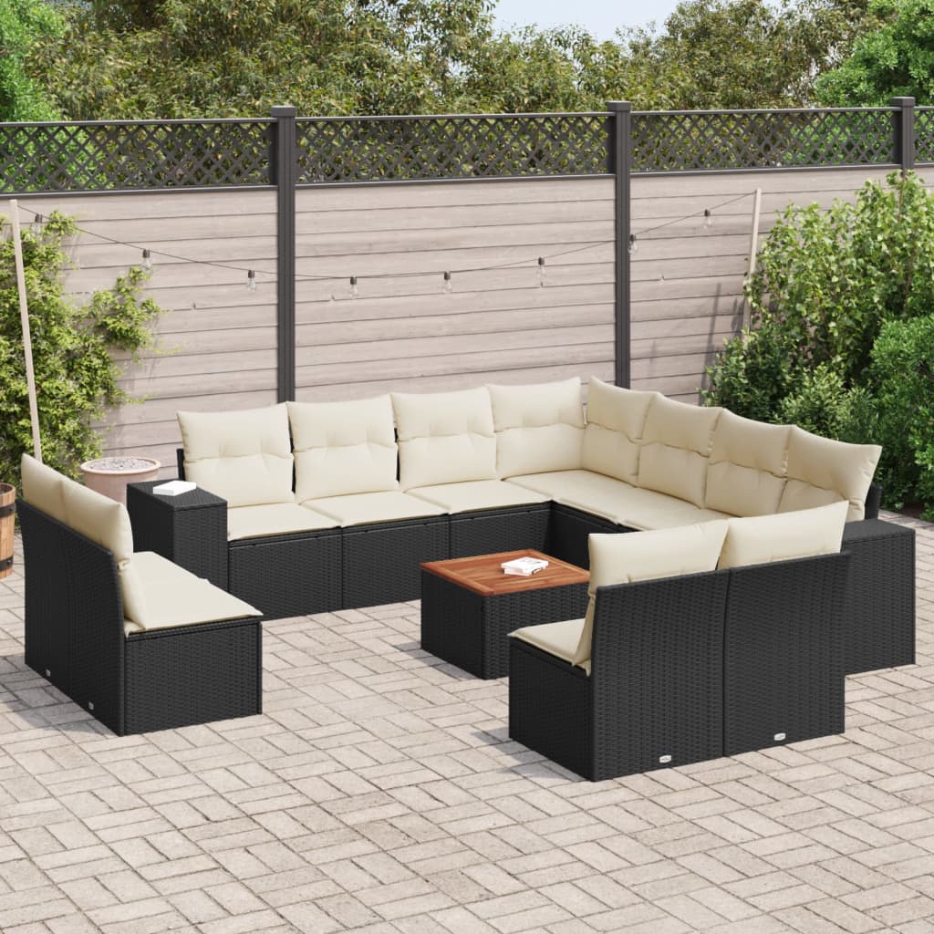 vidaXL 12-tlg. Garten-Sofagarnitur mit Kissen Schwarz Poly Rattan