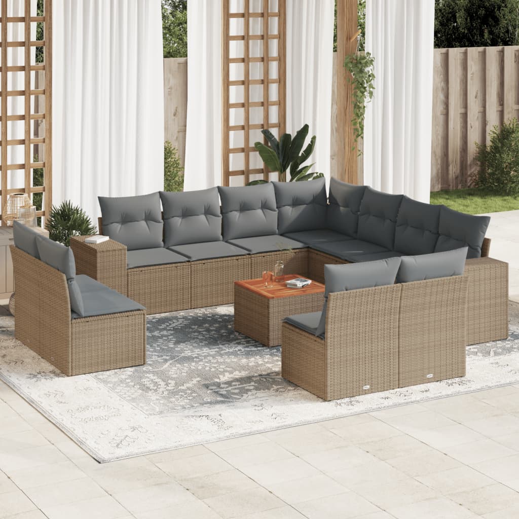 vidaXL 12-tlg. Garten-Sofagarnitur mit Kissen Beige Poly Rattan